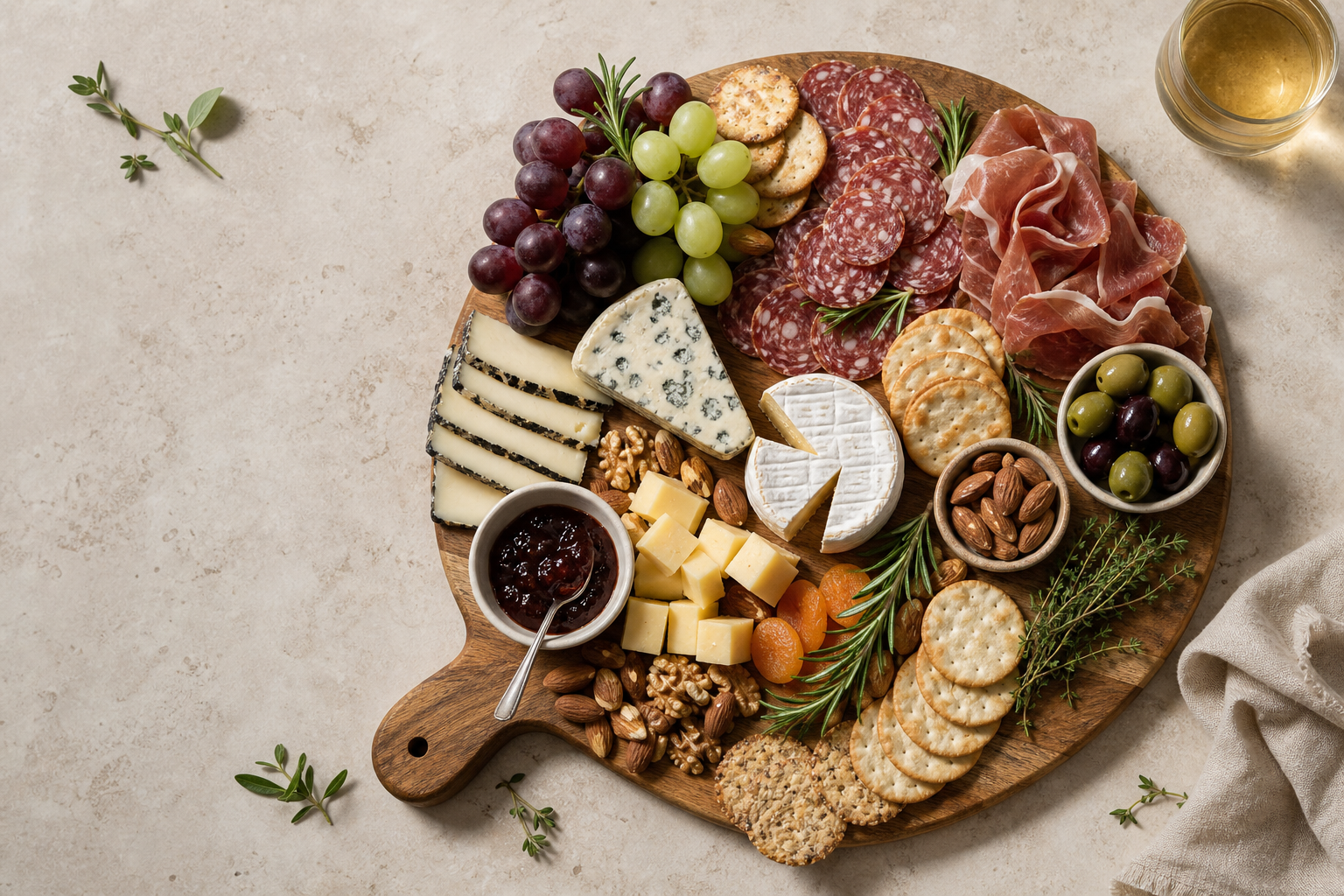 Top-down charcuterie board with cheese, cured meat, fruit, crackers, and small bowls